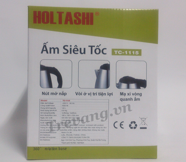 Ấm siêu tốc Holtashi TC-1115 thông số kỹ thuật