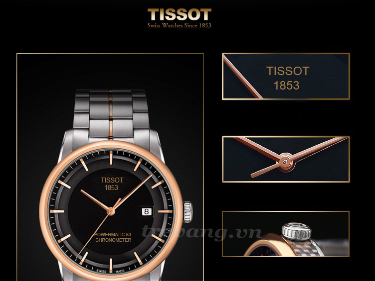 Đồng hồ nam Tissot 1853 T086.407.22.051.00 đá sapphia đen, vỏ vàng đồng Chi tiết Đồng hồ nam Tissot 1853 T086.407.22.051.00 đá sapphia đen, vỏ vàng đồng